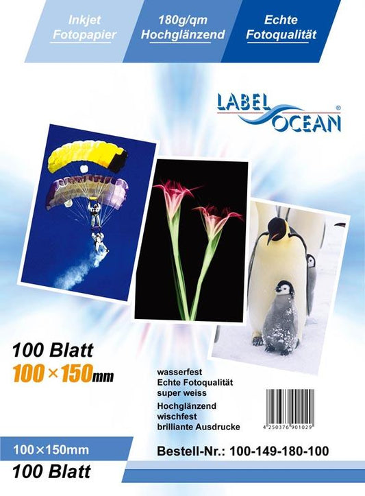 100 vellen 10x15cm 180g/m² fotopapier Hoogglanzend + waterbestendig van LabelOcean a-100-149-180