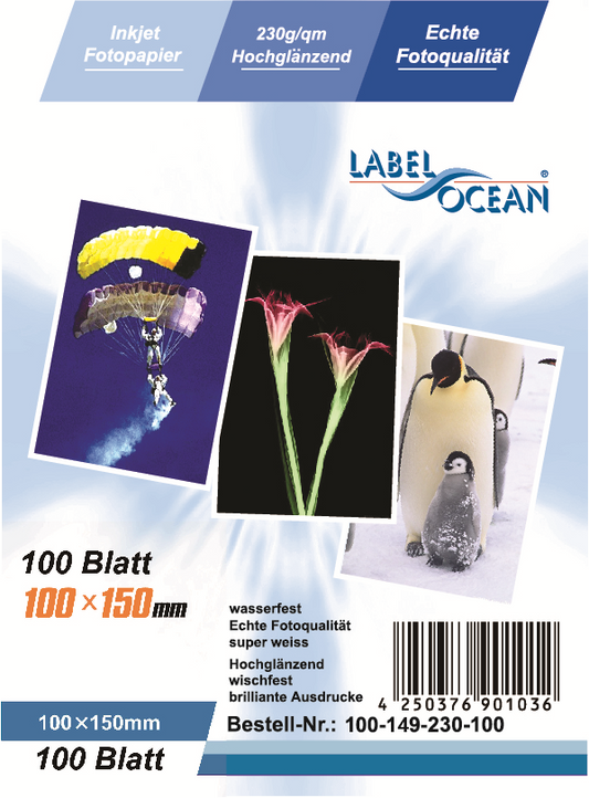 100 vellen 10x15cm 230g/m² fotopapier Hoogglanzend + waterbestendig van LabelOcean a-100-149-230