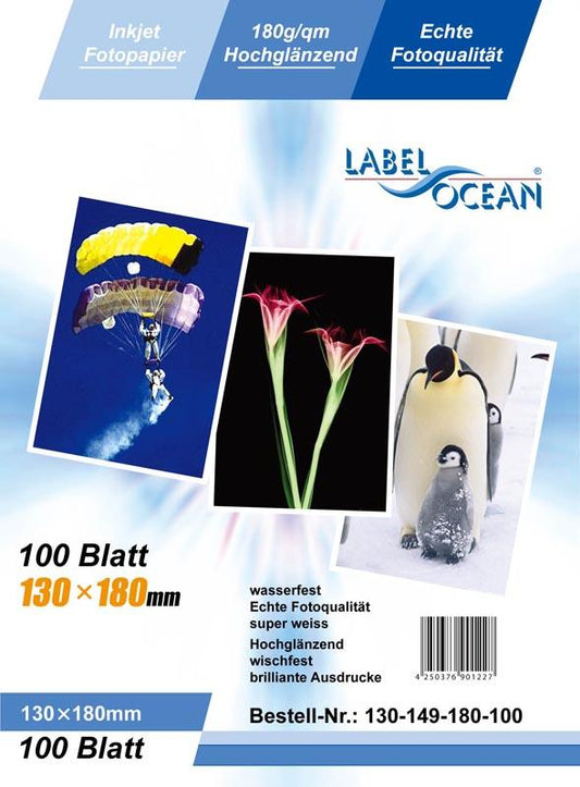 100 vellen 13x18cm 180g/m²  fotopapier Hoogglanzend + waterbestendig van LabelOcean a-130-149-180