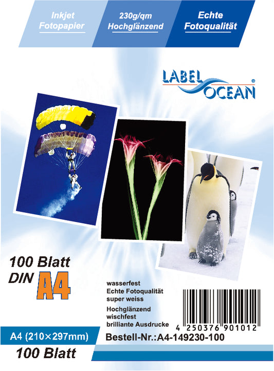 100 vellen A4 210x297mm 230g/m²  fotopapier Hoogglanzend + waterbestendig van LabelOcean A4-149-230