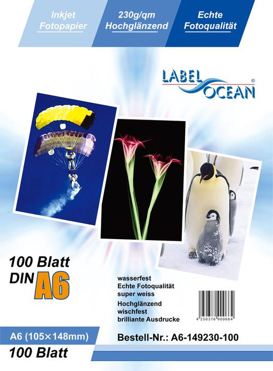 100 vellen A6 105x148mm 230g/m² fotopapier Hoogglanzend + waterbestendig van LabelOcean A6-149-230