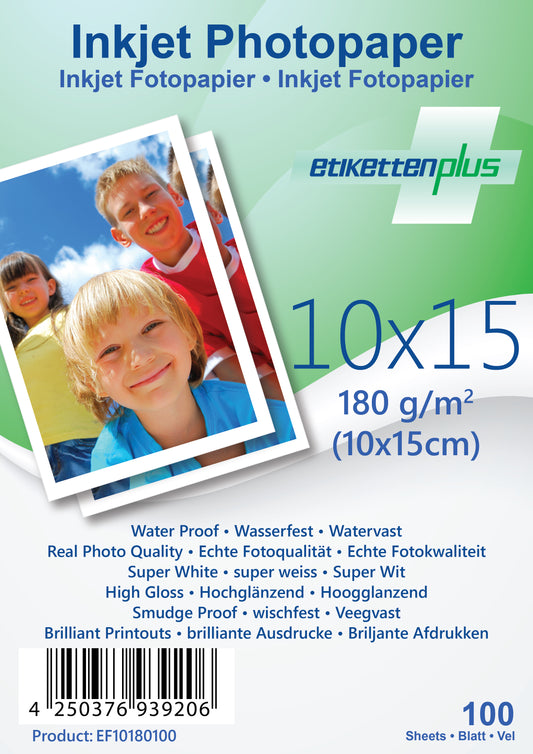 100 vellen 10x15cm 180g/m² fotopapier glanzend + waterdicht van EtikettenPlus EF10180100