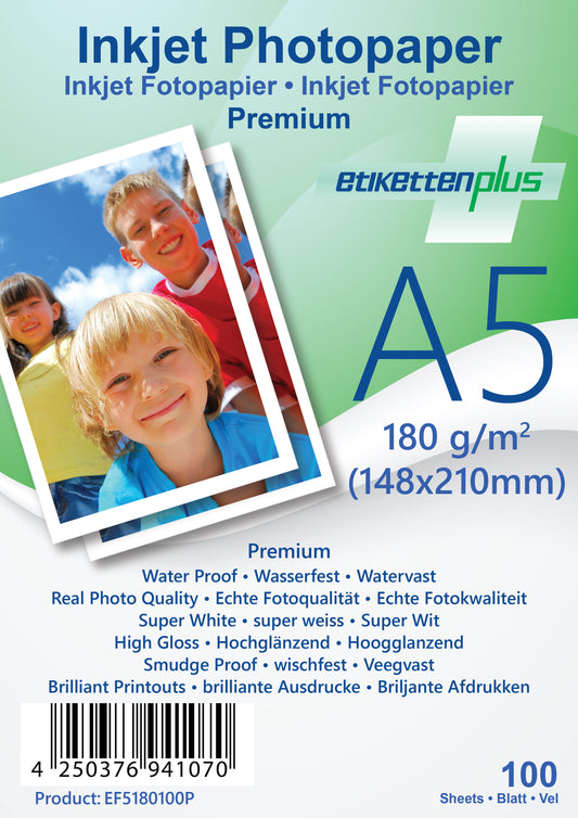 100 vellen A5 148x210mm 180g/m² PREMIUM fotopapier hoogglans + waterdicht van EtikettenPlus EF5180100P