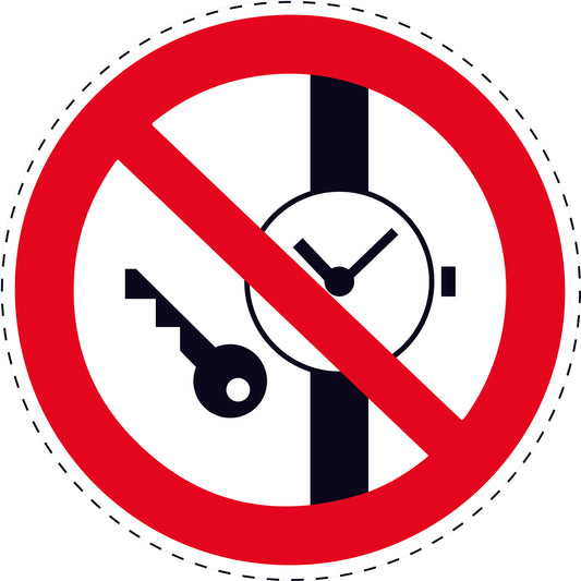 1 stuk Verbodssticker "Het is verboden metalen onderdelen en horloges mee te nemen" gemaakt van PVC-kunststof, ES-SI200