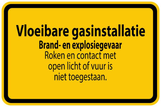 Bouwplaatssticker " Vloeibare gasinstallatie Brand - en explosiegevaar Roken en contact met open licht of vuur is niet toegestaan " geel EW-BAU-1270