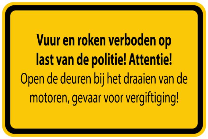 Bouwplaatssticker " Vuur en roken verboden op last van de politie! Attentie !opende deuren bij het draaien van de motoren,gevaar voor vergiftiging! " geel EW-BAU-1290