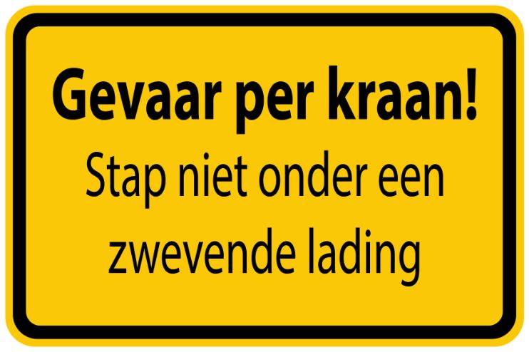 Bouwplaatssticker " Gevaar per kraan! Stap noet onder een zwevende lading" geel EW-BAU-1310