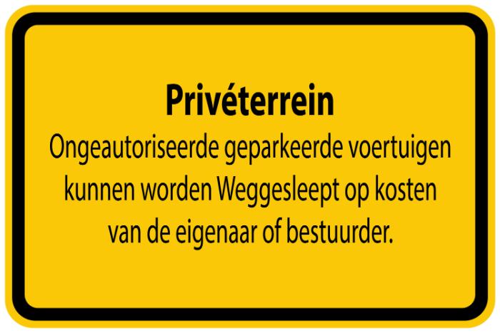 Bouwplaatssticker "Priveterrein Ongeautoriseerde geparkeerde voetuigen kunnen worden weggesleept op kostenvan de eigenaar of bestuurder" geel EW-BAU-1370