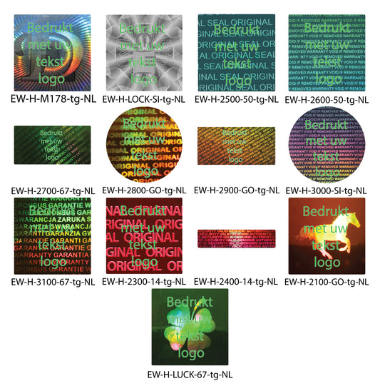 Hologramsticker, garantiezegel, veiligheidslabel bedrukt in groen met uw gewenste tekst van LabelsWorld BV