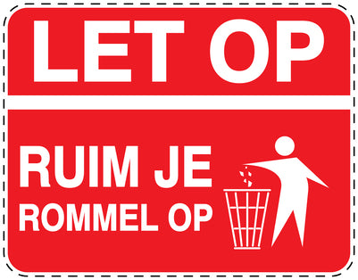 Vuilnisbaksticker "Let op, Ruim je rommel op" rood horizontaal EW-LITTER-H-10000-14