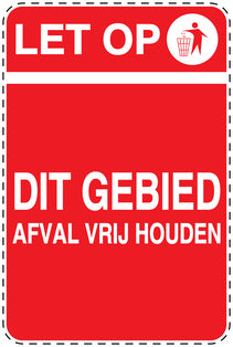 Vuilnisbaksticker "Let op dit gebied afval vrij houden" rood verticaal EW-LITTER-V-10600-14