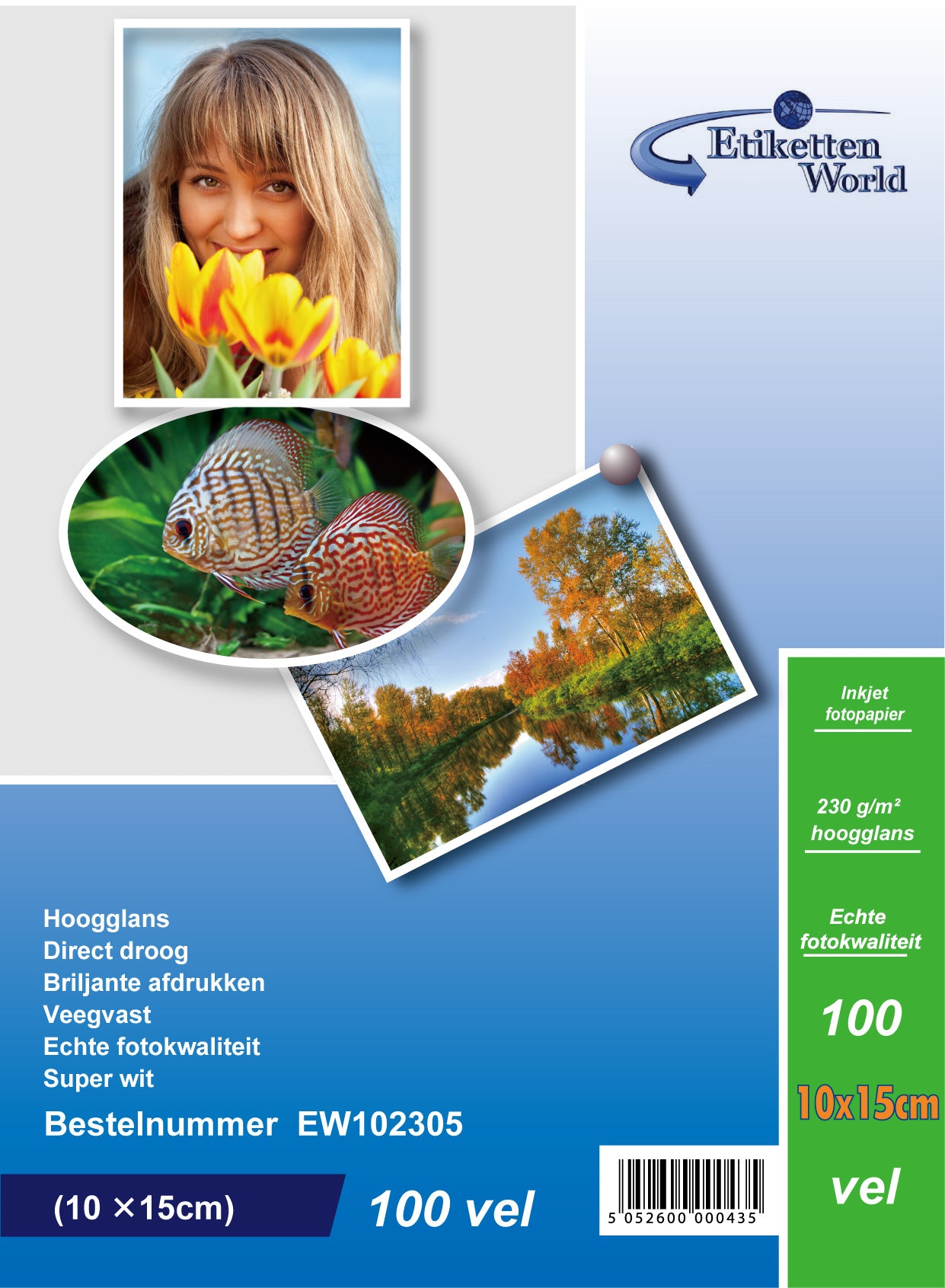 100 vellen etikettenWorld BV fotopapier/fotokaarten 10x15 cm 230g/m² hoogglanzend en waterdicht EW102305