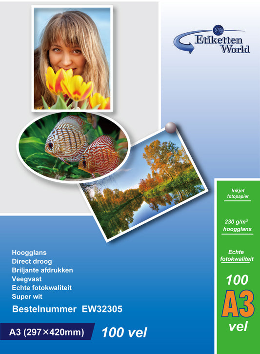 100 vellen etikettenWorld BV fotopapier/fotokaarten A3 297x420mm  230g/m² hoogglanzend en waterdicht EW32305
