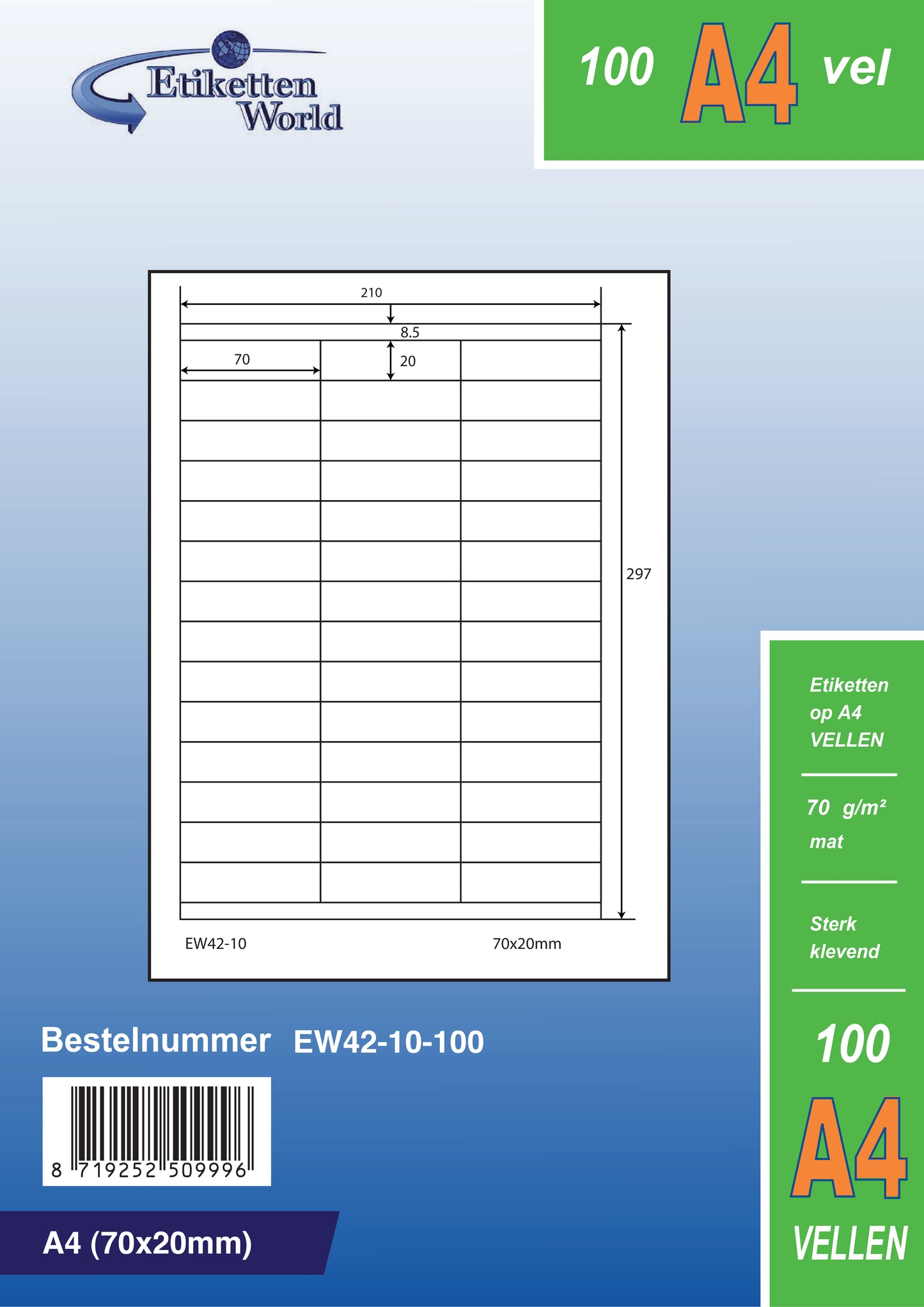 21000 universele etiketten 70x20mm op 500 Din A4-vellen, mat, zelfklevend, 70g EW42-10 van Etikettenworld EW42-10