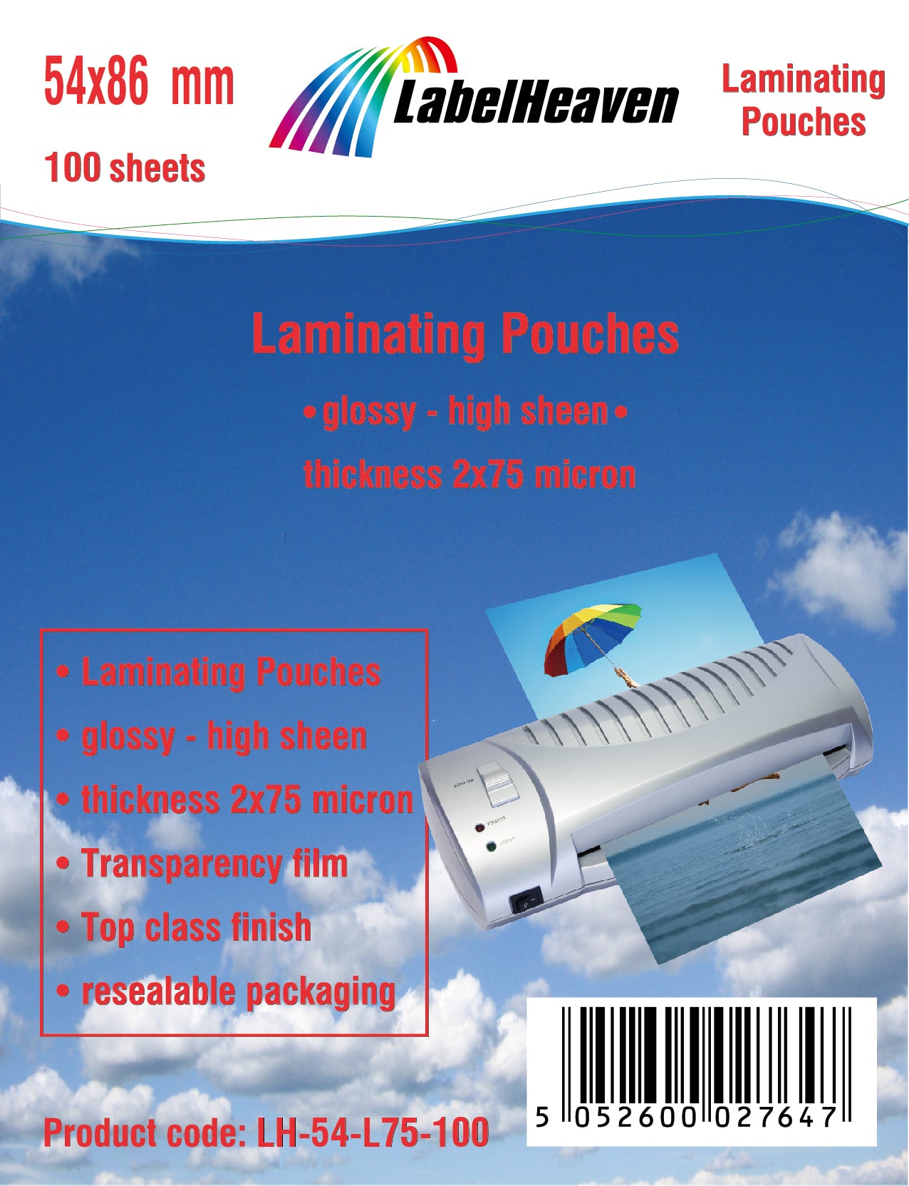 100 vellen van 54x86mm glanzende lamineringshoezen van LabelHeaven Ltd LH-54-L75-100