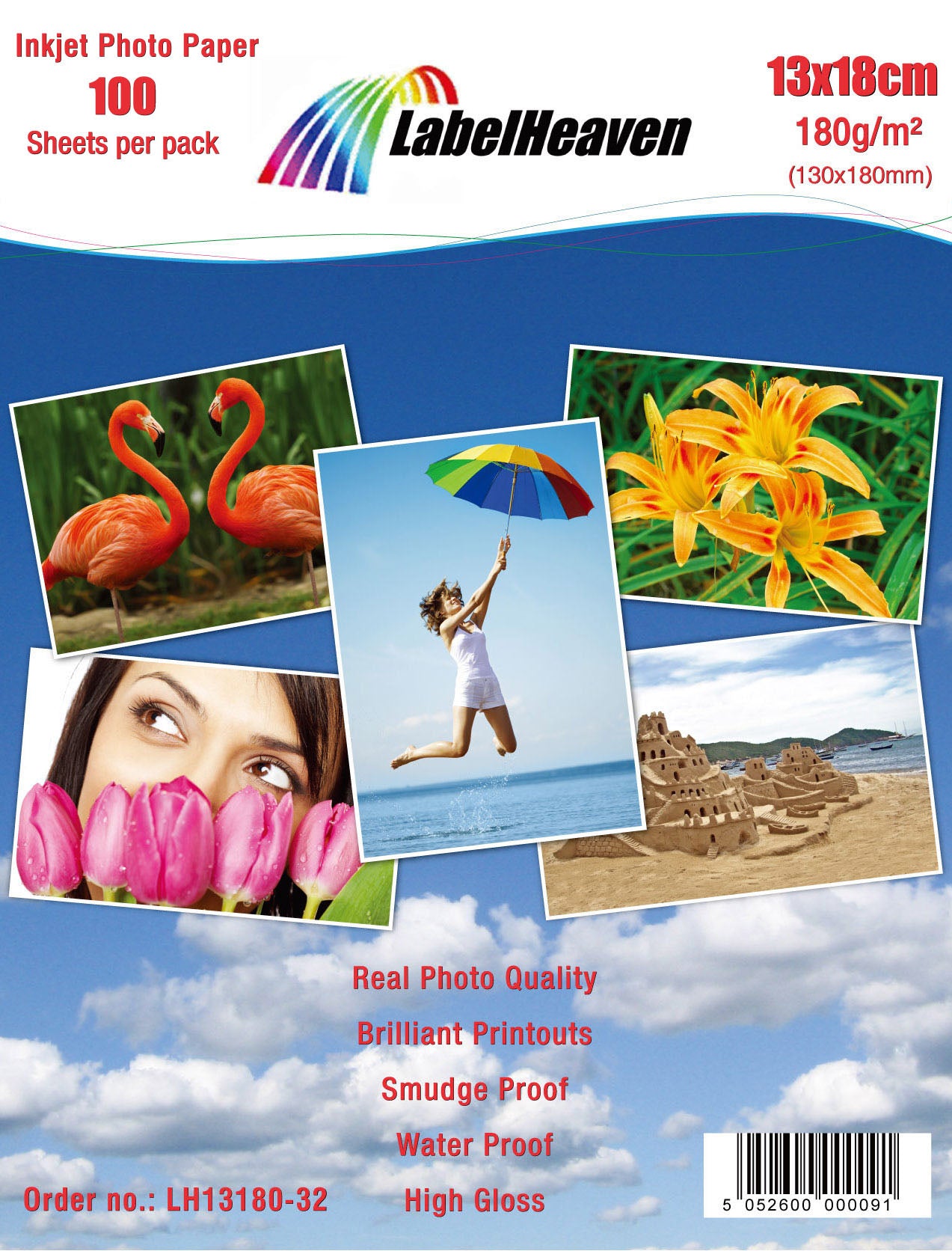100 vellen A5 13x18cm 180g/m² fotopapier Hoogglanzend+ waterdicht van Labelheaven LH13180-32