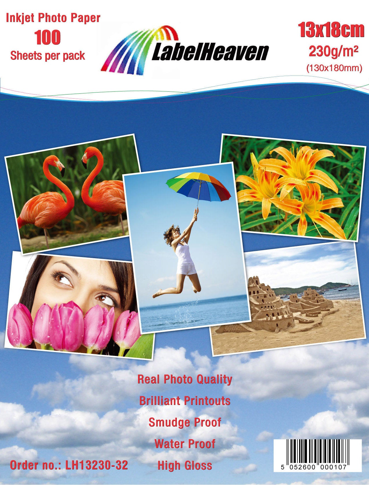 100 vellen 13x18cm 230g/m² fotopapier Hoogglanzend+ waterdicht van Labelheaven LH13230-32