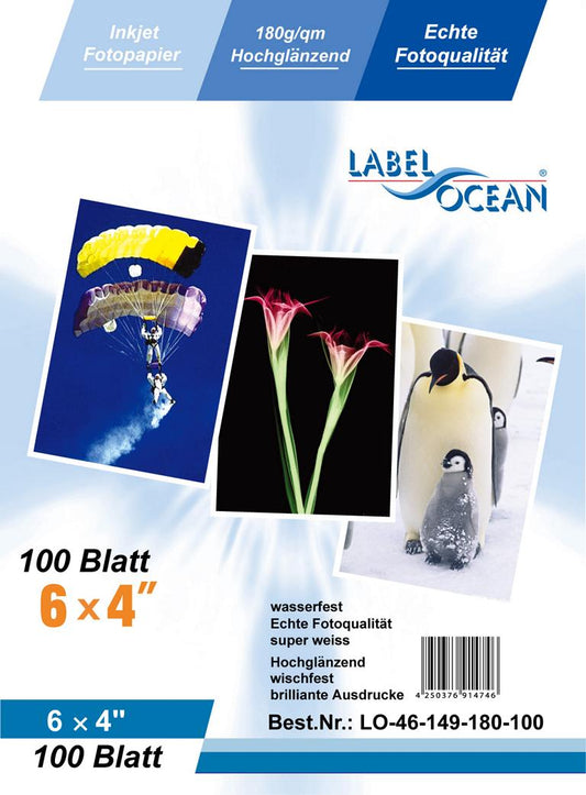 100 vellen 6''x4'' Inch 180g/m² fotopapier Hoogglanzend + waterbestendig van LabelOcean 6''x4''-149180-100