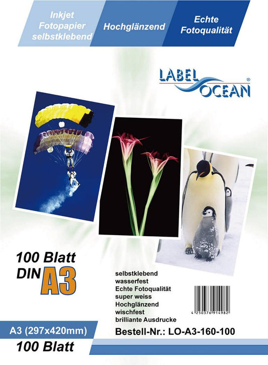 100 vellen A3 fotopapier zelfklevend Hoogglanzend + waterbestendig van LabelOcean LOA3160100