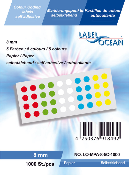 Markeerpunten 8 mm, 12 mm en 20 mm van zelfklevend papier op vellen van 5 kleuren