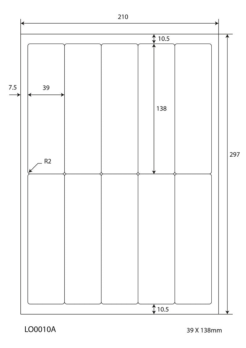1000 universele etiketten 39x138mm, op 100 Din A4 vellen, glanzend, zelfklevend LO-0010-A-80
