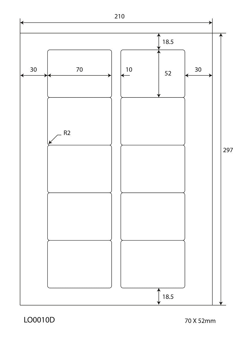 1000 universele etiketten 70x52mm, op 100 Din A4 vellen, mat, zelfklevend LO-0010-D-70