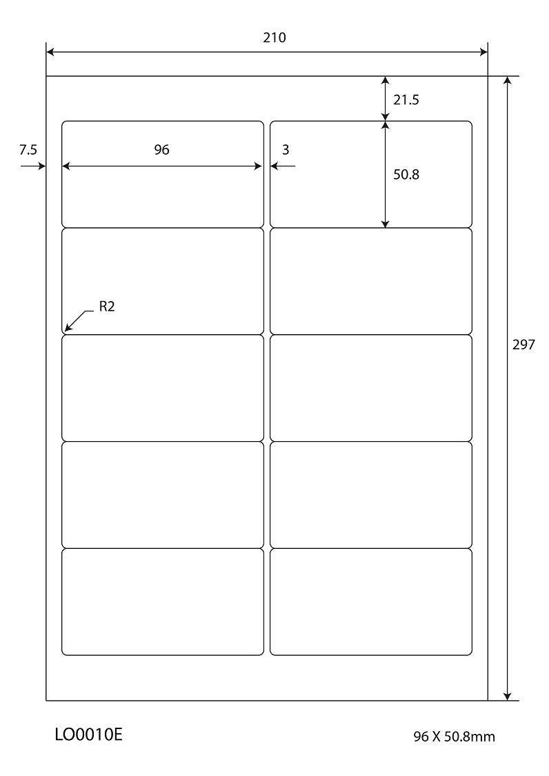 1000 universele etiketten 96x50,8mm, op 100 Din A4 vellen, mat, zelfklevend LO-0010-E-70