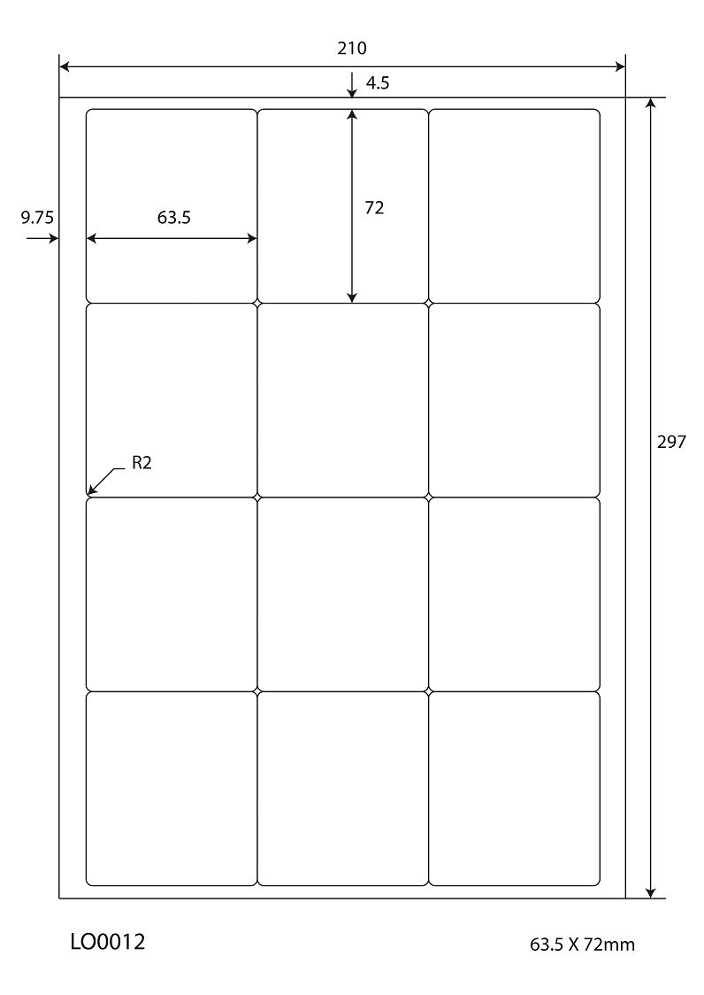 1200 universele etiketten 63,5x72mm, op 100 Din A4 vellen, mat, zelfklevend LO-0012-70