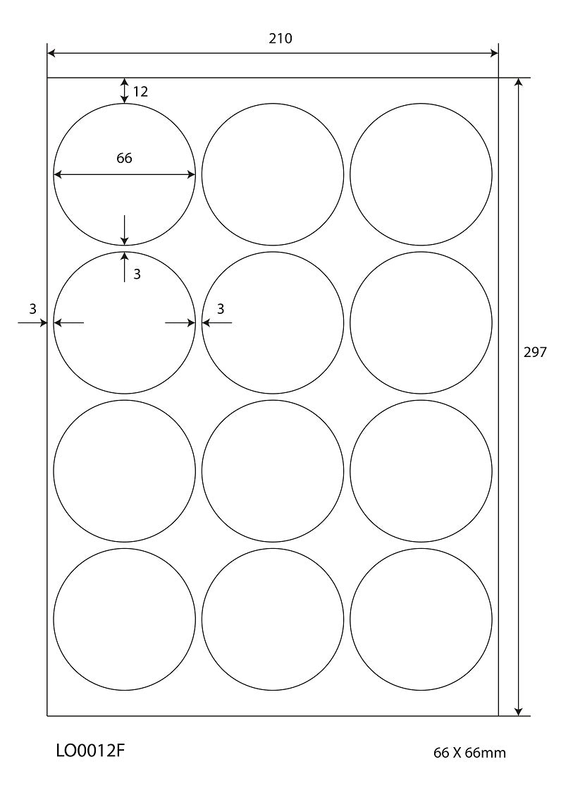 1200 universele etiketten 66 mm rond, op 100 Din A4 vellen, mat, zelfklevend LO-0012-F-70