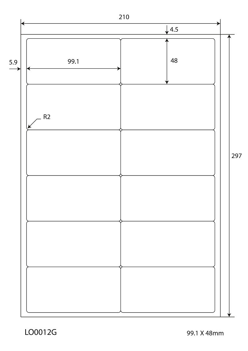 1200 universele etiketten 99,1x48mm, op 100 Din A4 vellen, mat, zelfklevend LO-0012-G-70