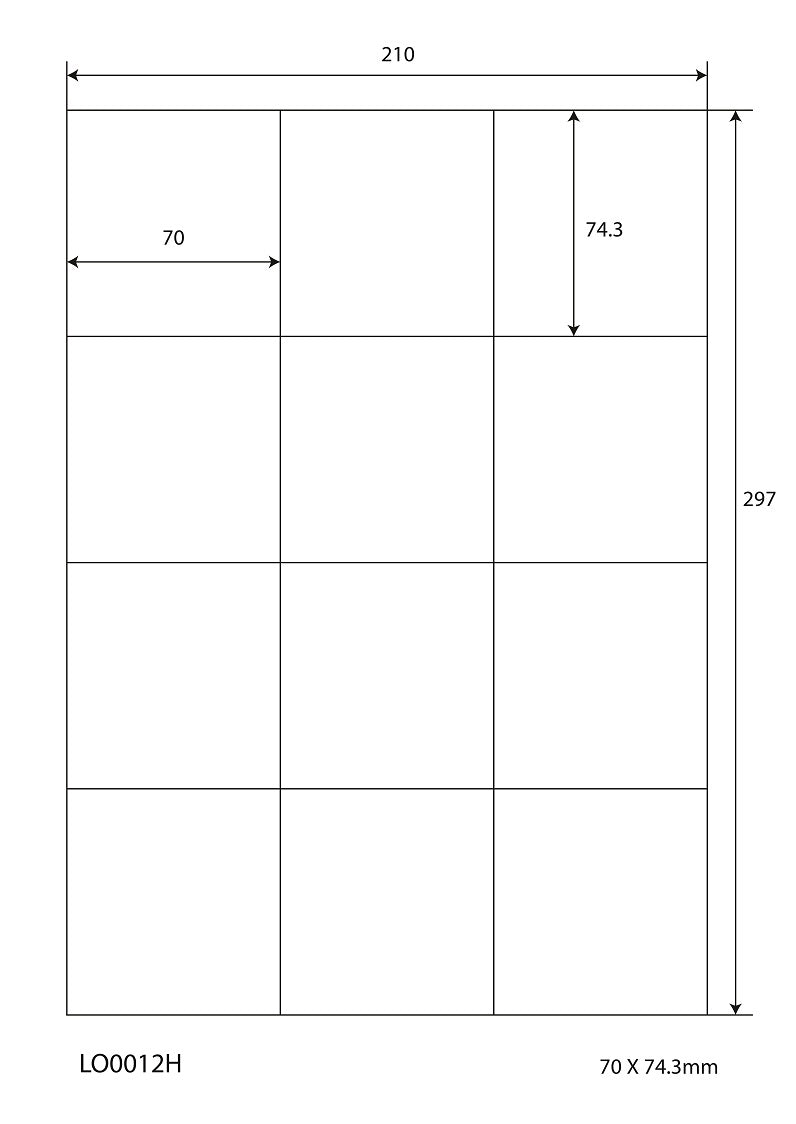 1200 universele etiketten 70x74,3mm, op 100 Din A4 vellen, mat, zelfklevend LO-0012-H-70