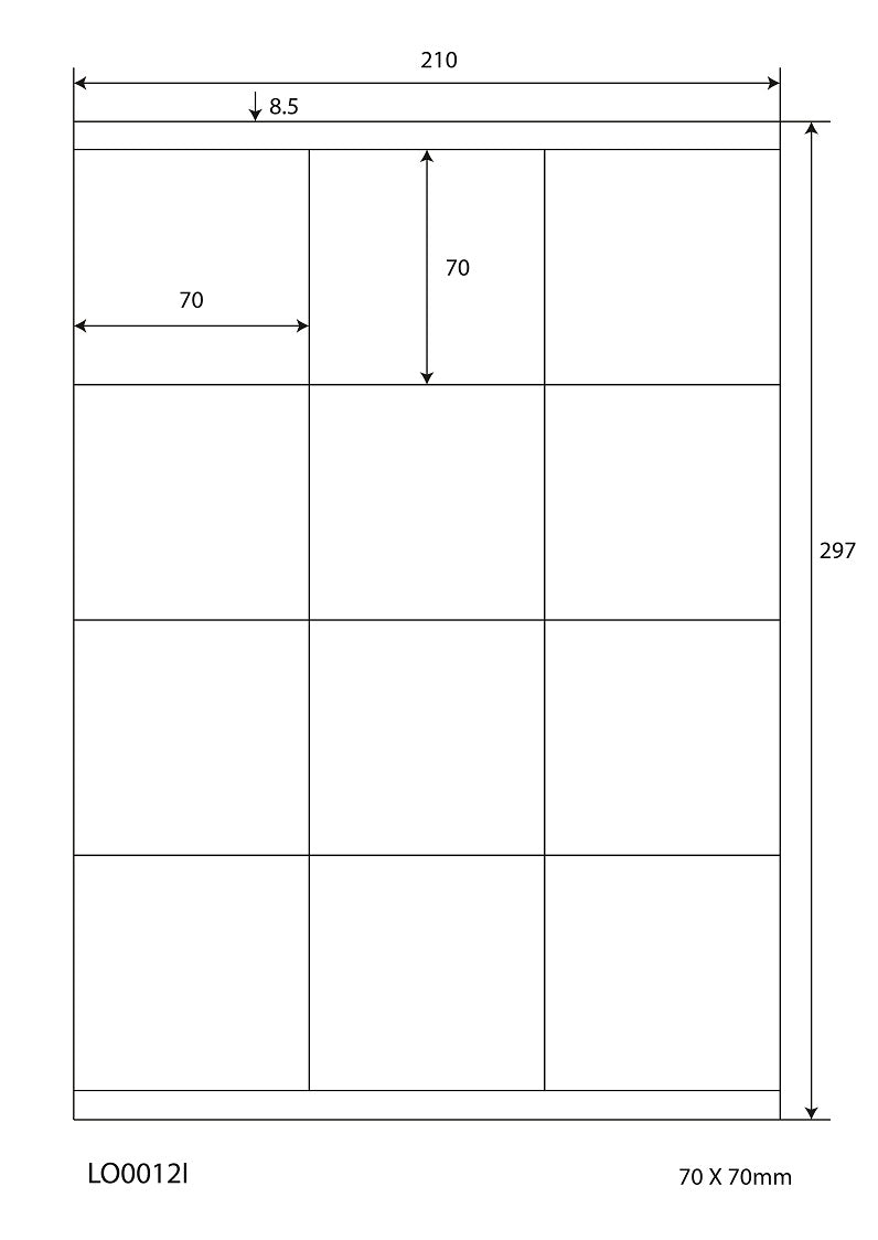 1200 universele etiketten 70x70mm, op 100 Din A4 vellen, mat, zelfklevend LO-0012-I-70