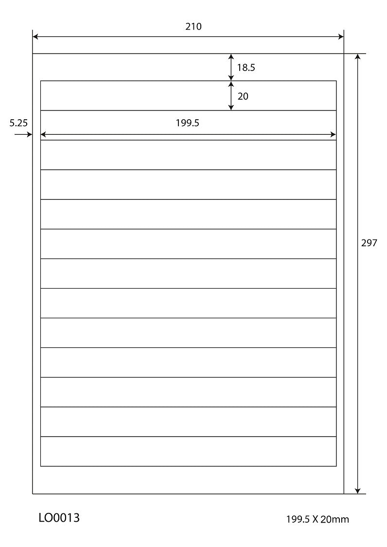 1300 universele etiketten 199,5x20mm, op 100 Din A4 vellen, mat, zelfklevend LO-0013-70