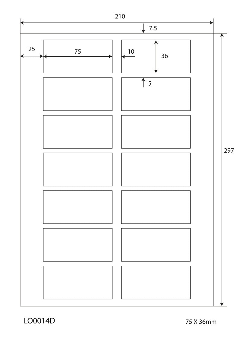 1400 universele etiketten 75x36mm, op 100 Din A4 vellen, mat, zelfklevend LO-0014-D-70