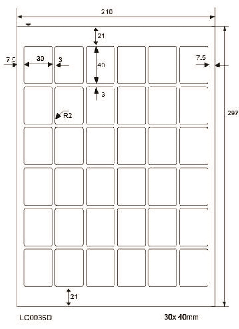 3600 universele etiketten 30x40mm, op 100 Din A4 vellen, mat, zelfklevend LO-0036-D-70
