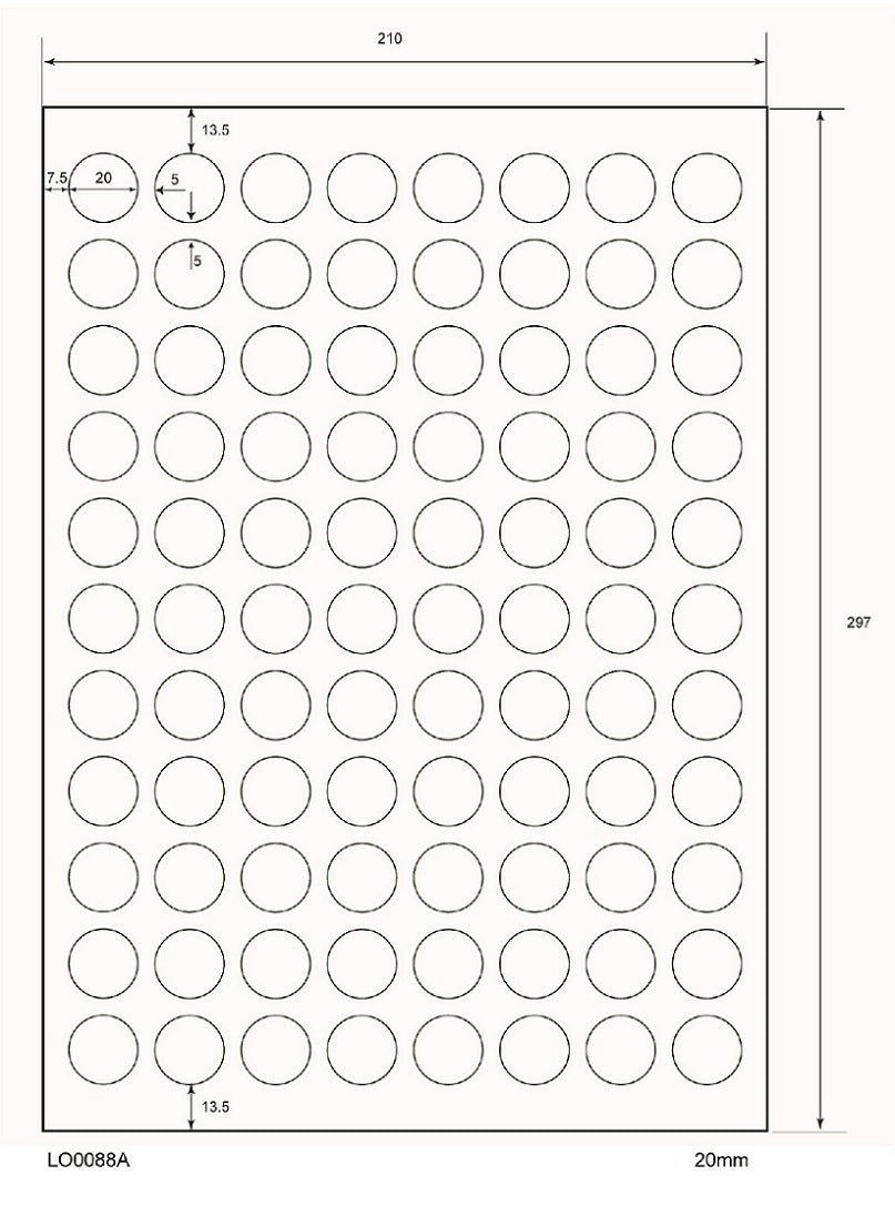 8800 universele etiketten 20 mm rond, op 100 Din A4 vellen, mat, zelfklevend LO-0088-A-70