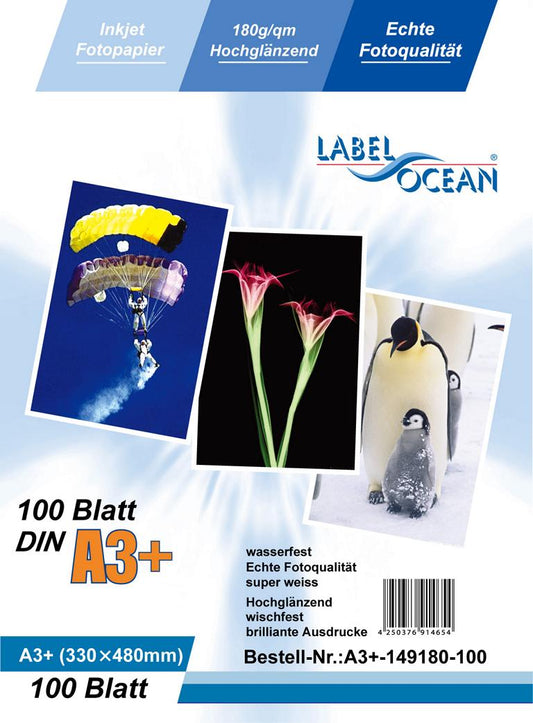 100 vellen A3plus  330x480mm 180g/m²  fotopapier HGlanzend+waterdicht van LabelOcean A3+-149180-100