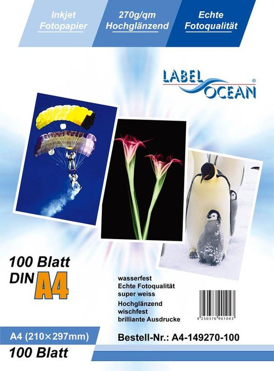 100 vellen A4 210x297mm 270g/m²  fotopapier HGlanzend+waterdicht van LabelOcean A4-149-270