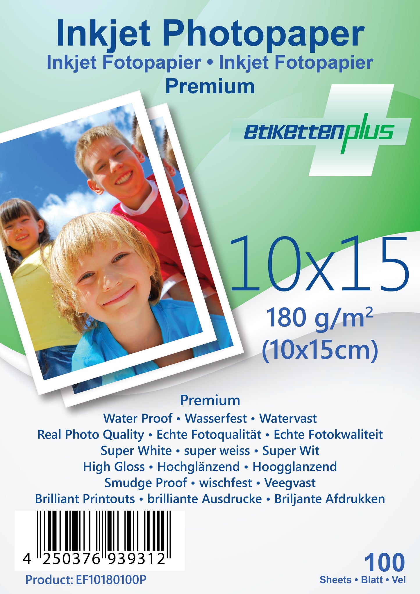 100 vellen 10x15cm 180g/m² PREMIUM fotopapier hoogglans + waterdicht van EtikettenPlus EF10180100P