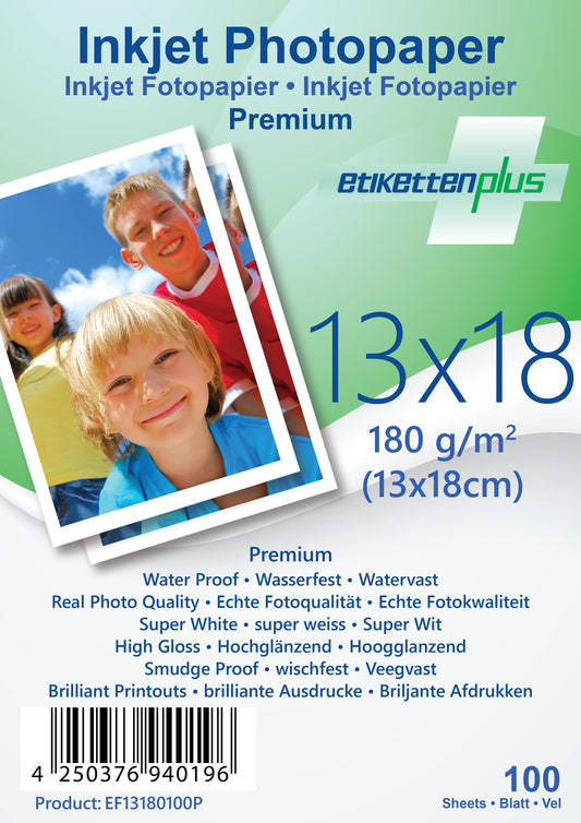 100 vellen 13x18cm 180g/m² PREMIUM fotopapier hoogglans + waterdicht van EtikettenPlus EF13180100P