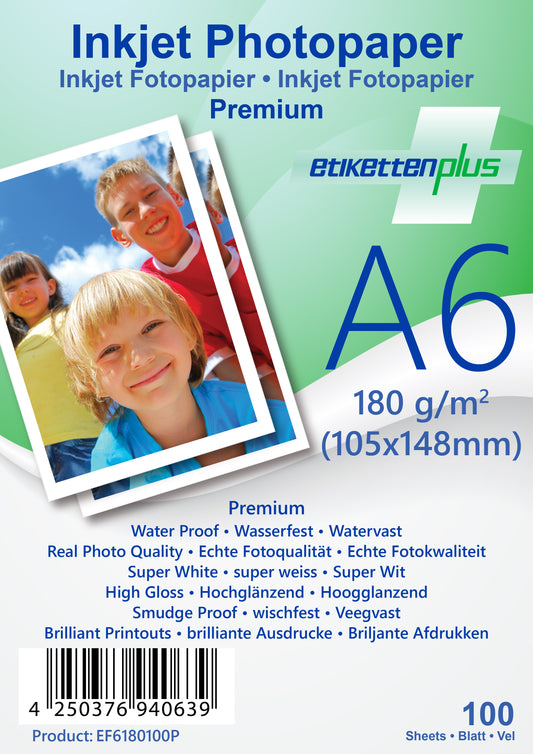 100 vellen A6 105x148mm 180g/m² PREMIUM fotopapier hoogglans + waterdicht van EtikettenPlus EF6180100P