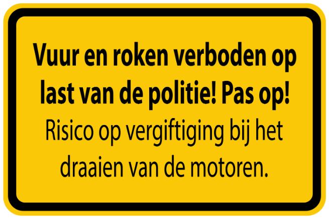 Bouwplaatssticker " Vuur en roken verboden op last van de politie! pas op !Risico op vergiftiging bij het draaien van de motoren" geel EW-BAU-1280