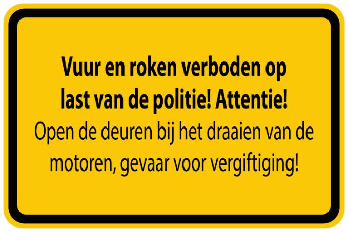 Bouwplaatssticker " Vuur en roken verboden op last van de politie! Attentie !opende deuren bij het draaien van de motoren,gevaar voor vergiftiging! " geel EW-BAU-1290