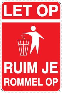 Vuilnisbaksticker "Let op, Ruim je rommel op" rood verticaal EW-LITTER-V-10000-14