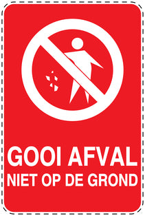 Vuilnisbaksticker "Gooi Afval niet op de grond" rood verticaal EW-LITTER-V-10400-14