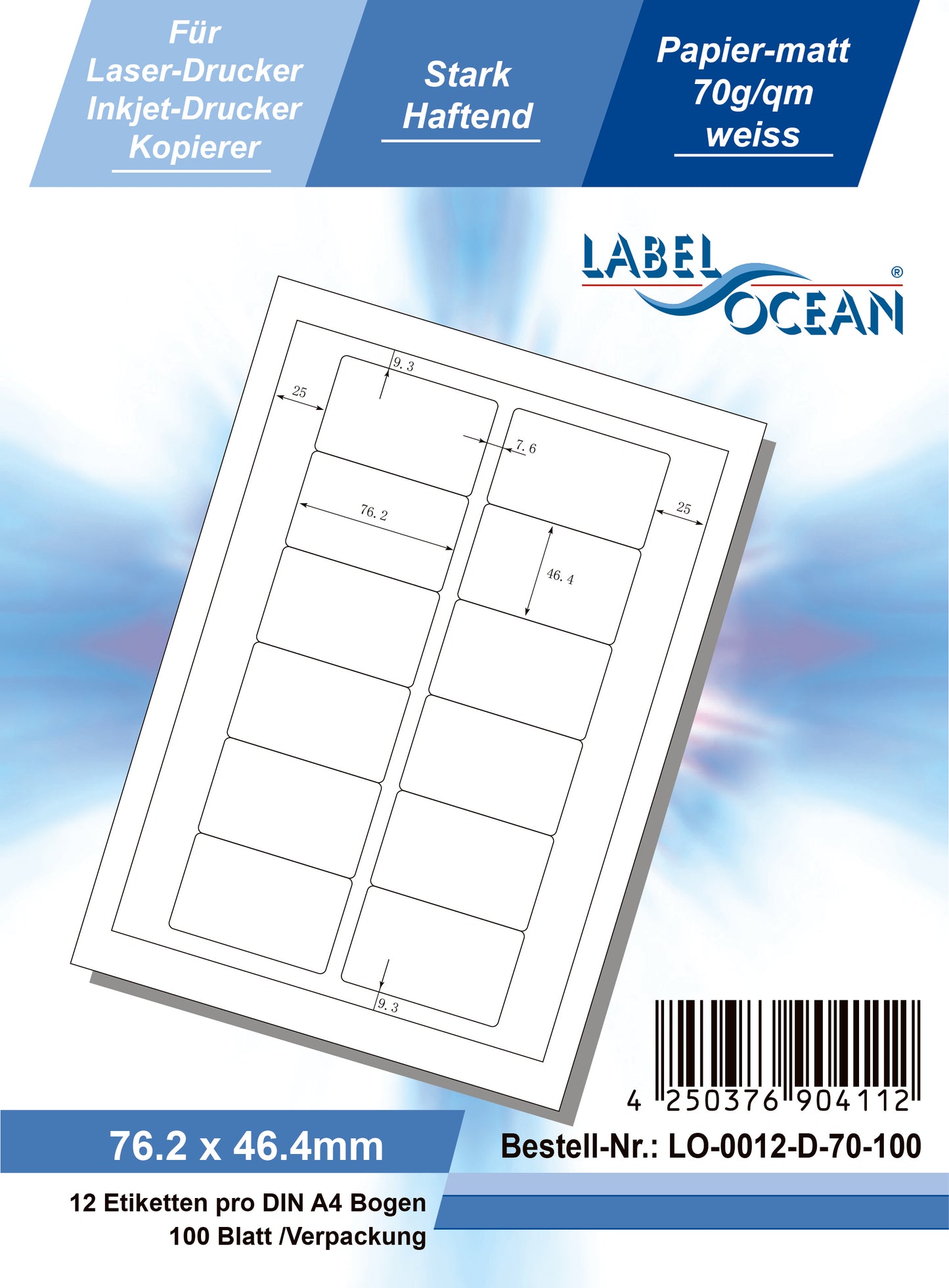 1200 universele etiketten 76,2x46,4mm, op 100 Din A4 vellen, mat, zelfklevend LO-0012-D-70