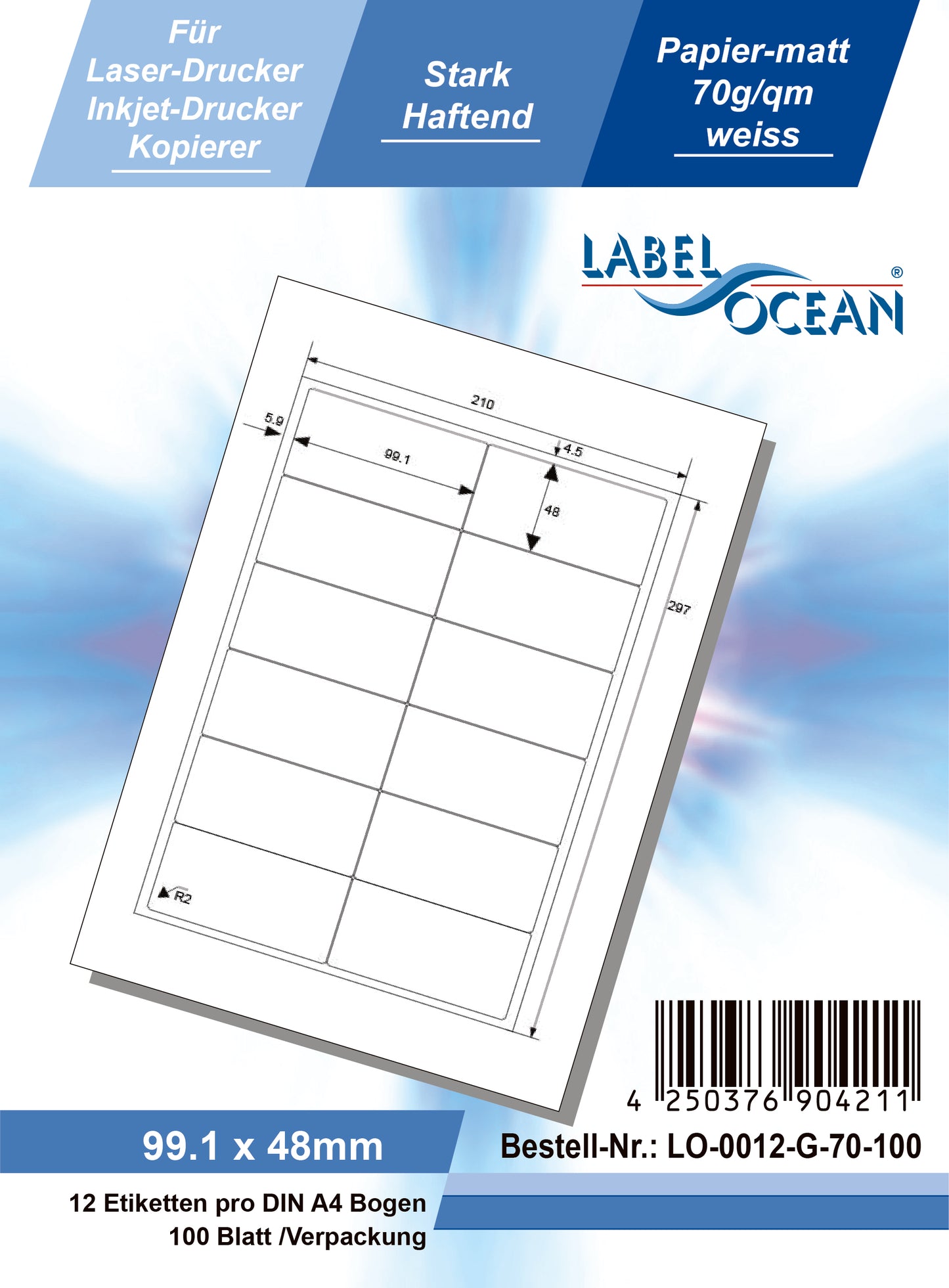 1200 universele etiketten 99,1x48mm, op 100 Din A4 vellen, mat, zelfklevend LO-0012-G-70