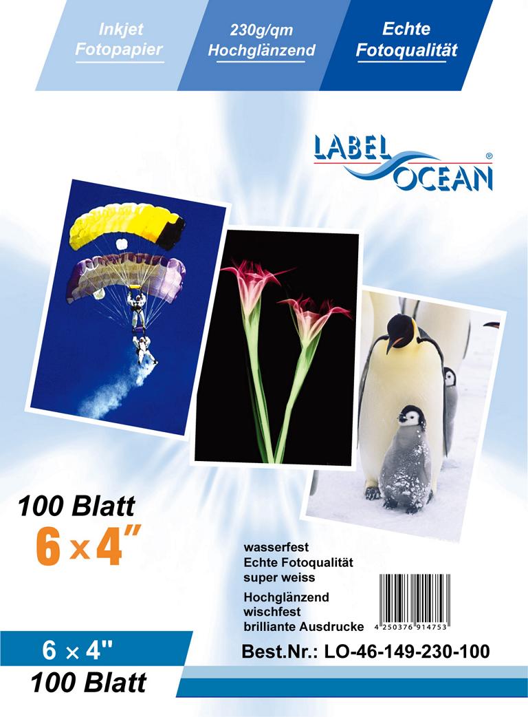 100 vellen 6''x4'' Inch 230g/m² fotopapier HGlanzend+waterdicht van LabelOcean 6''x4''-149230-100