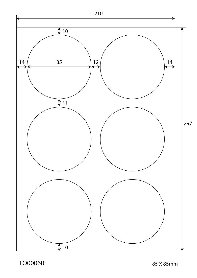 600 universele etiketten 85 mm rond, op 100 Din A4 vellen, mat, zelfklevend LO-0006-B-70