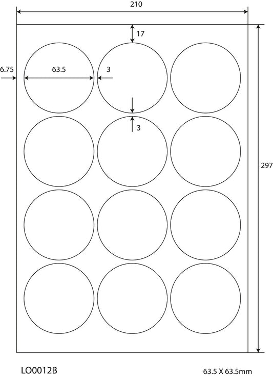1200 gekleurde universele etiketten 63,5 mm rond, op 100 Din A4-vellen, mat, zelfklevend LO-0012-B-70